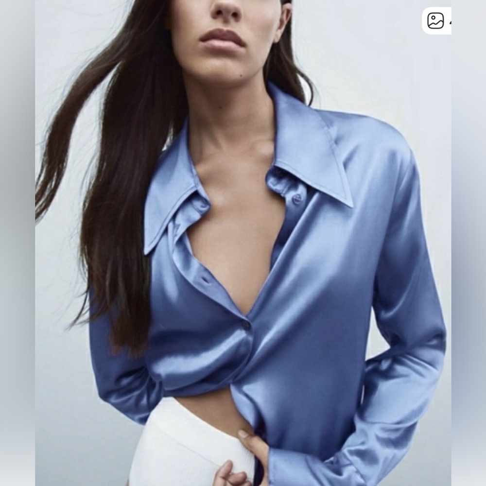 Zara Shimmering Blue Satin Button Down Shirt